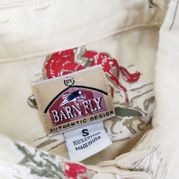 VINTAGE Barn Fly Shirt Mens Small Yellow Hawaiian AOP‎ Windsurfing USA Cotton LS - Picture 2 of 10